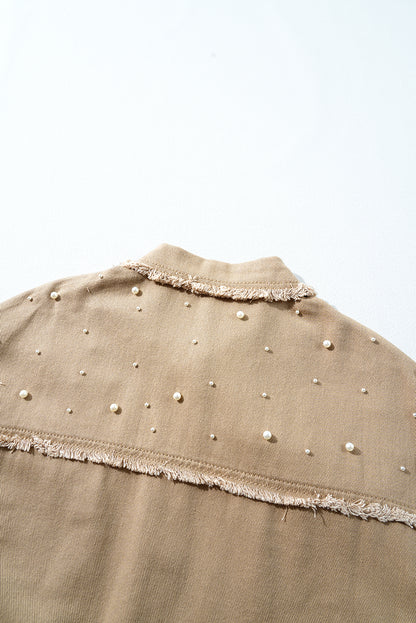 Bonbon Pearl Beaded Raw Hem Button Up Denim Jacket