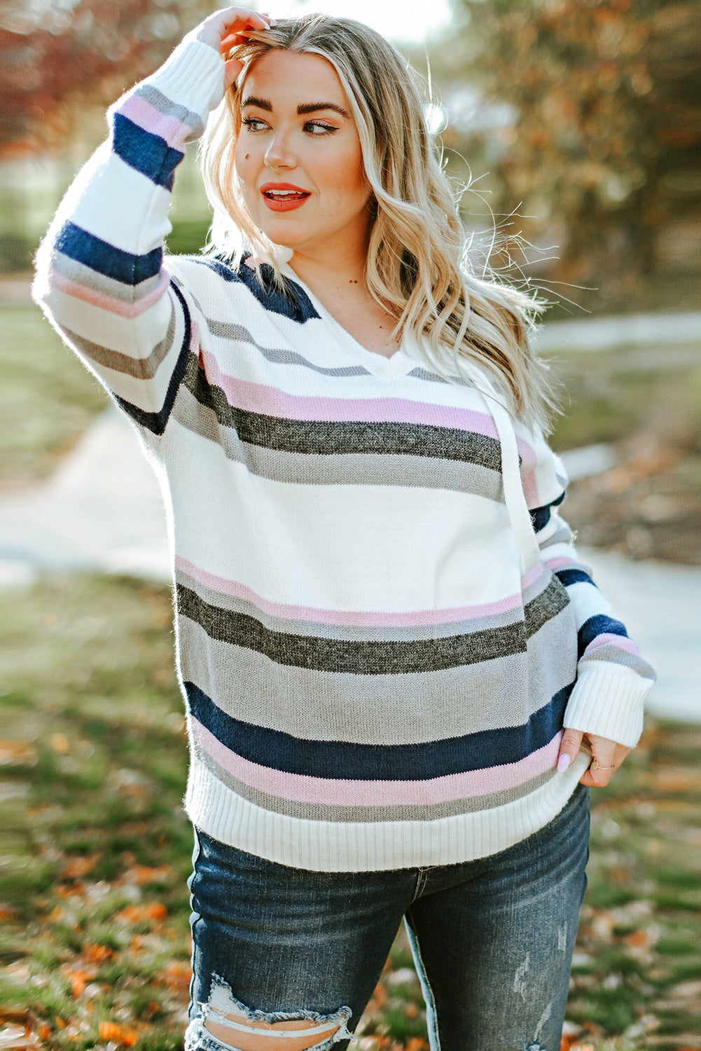 Stripe Plus Size Striped Hooded Knit Sweater