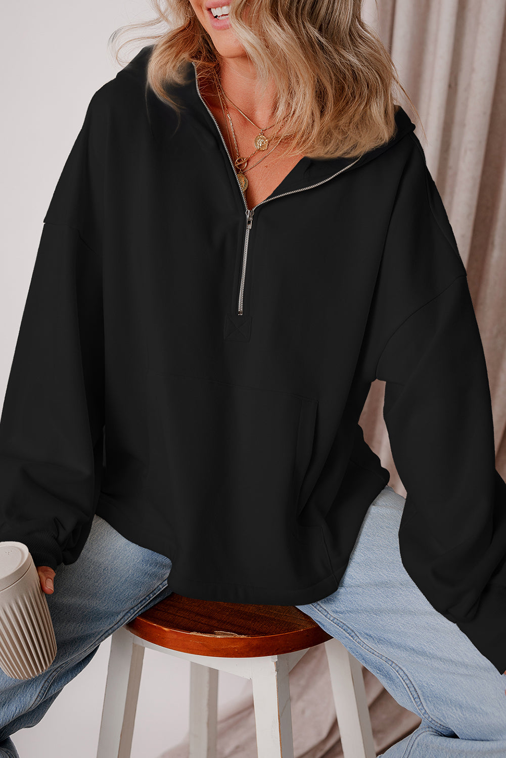 Bonbon Fleece Lined Half Zipper Kangaroo Pockets Loose Hoodie