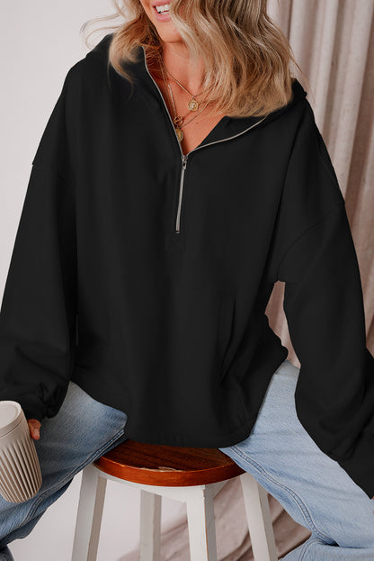 Bonbon Fleece Lined Half Zipper Kangaroo Pockets Loose Hoodie