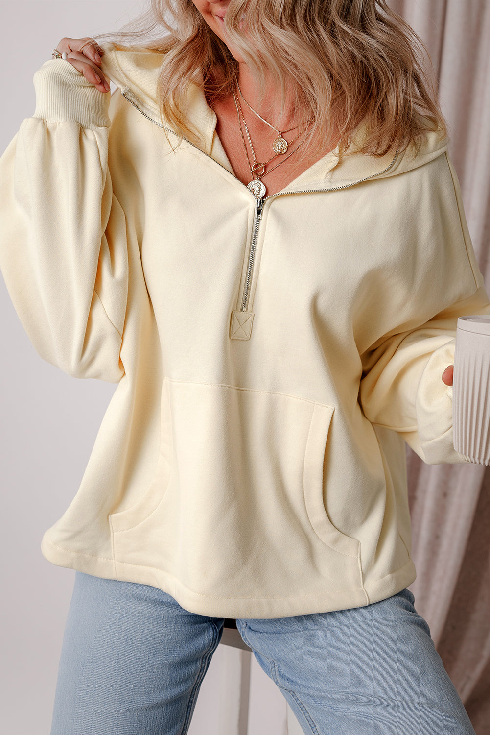 Bonbon Fleece Lined Half Zipper Kangaroo Pockets Loose Hoodie