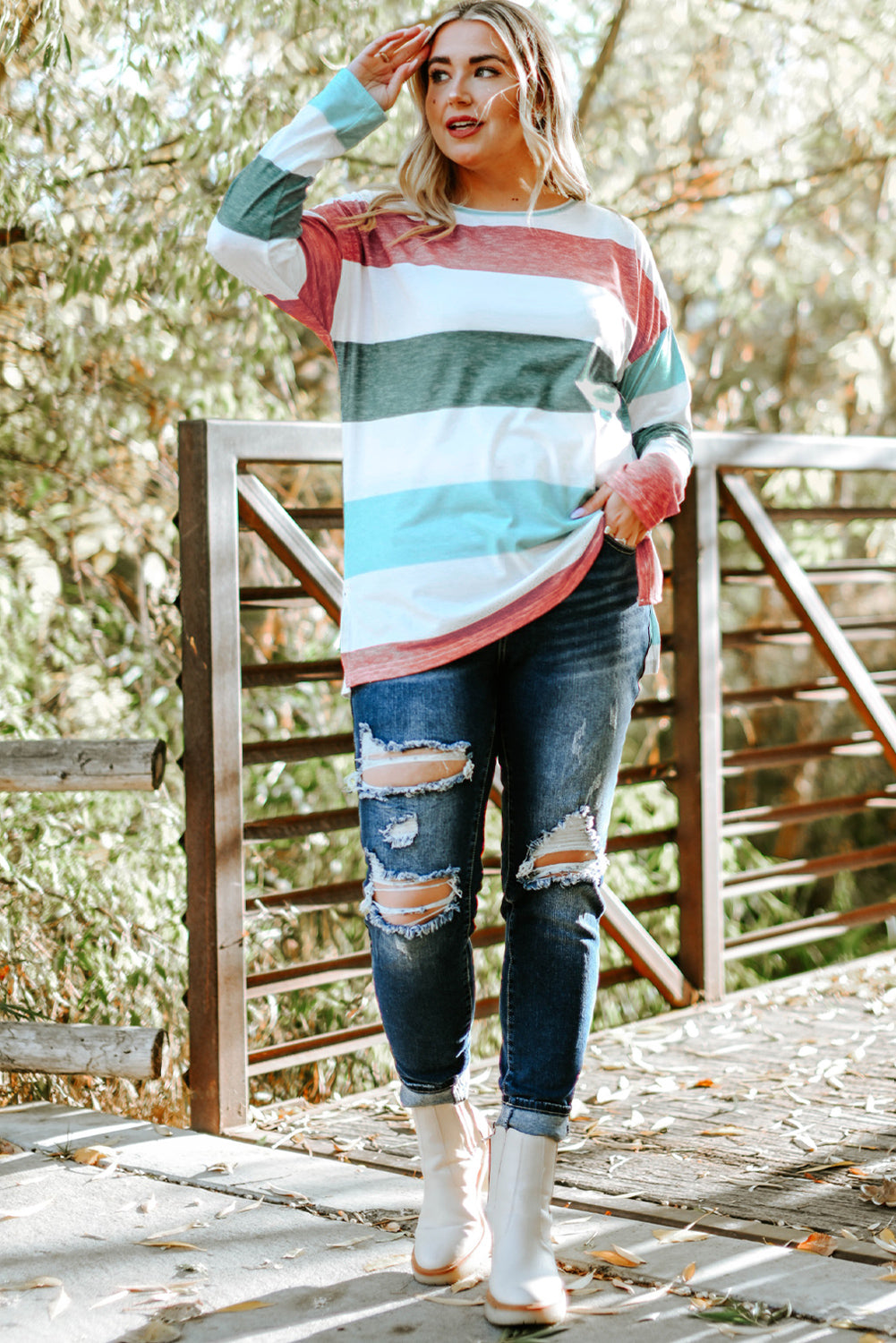 Green Stripe Plus Size Colorblock Pullover Top