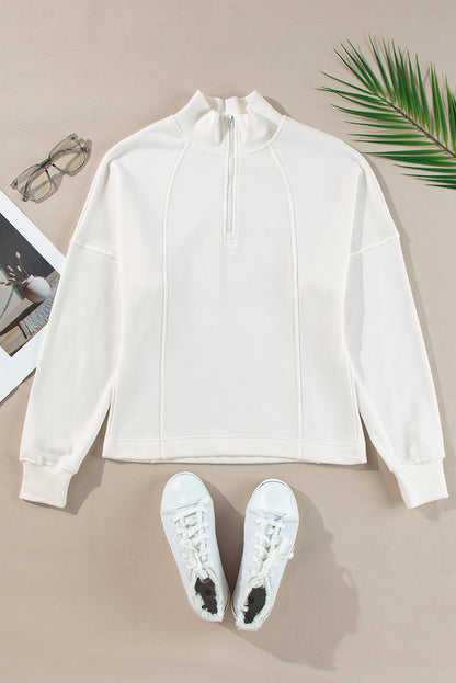 Smoke Gray Zipped Neck Pullover Drop Shoulder Sweatshirt