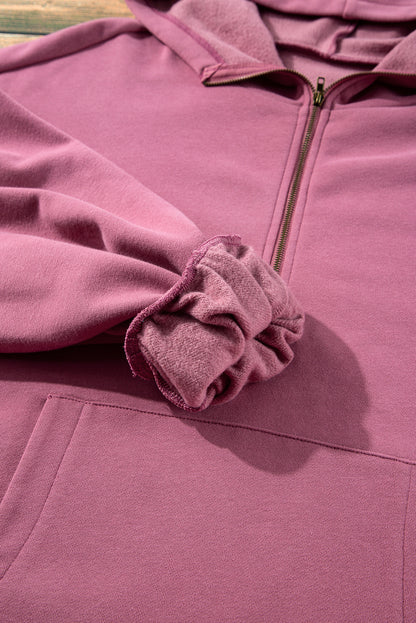 Bonbon Fleece Lined Half Zipper Kangaroo Pockets Loose Hoodie