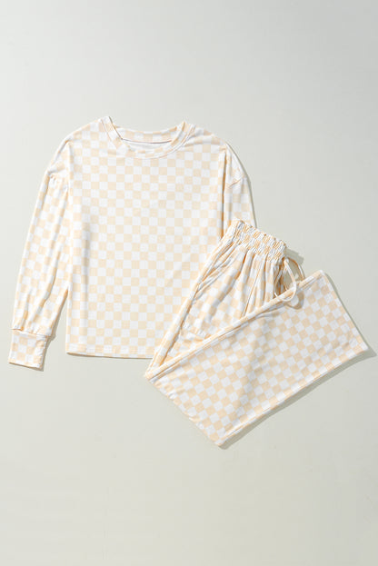 Black Checkered Print Long Sleeve Top and Pants Lounge Set