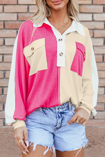 Pink Colorblock Ribbed Collared Oversized Sweatshirt