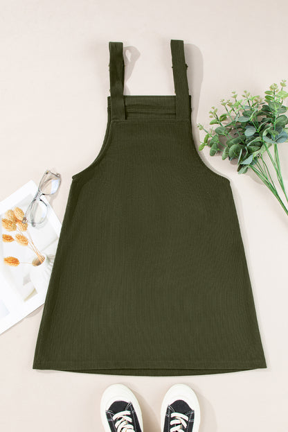 Black Solid Front Pockets Sleeveless Corduroy Overall Dress