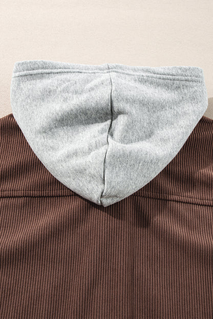 Pale Khaki Hooded Drawstring Pockets Corduroy Shacket