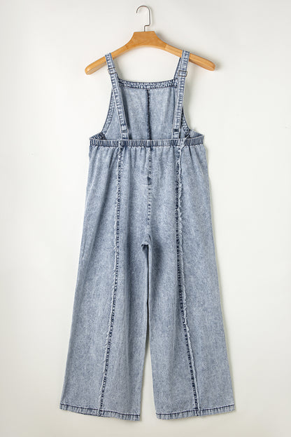 Dark Grey Light Wash Frayed Exposed Seam Wide Leg Denim Overall
