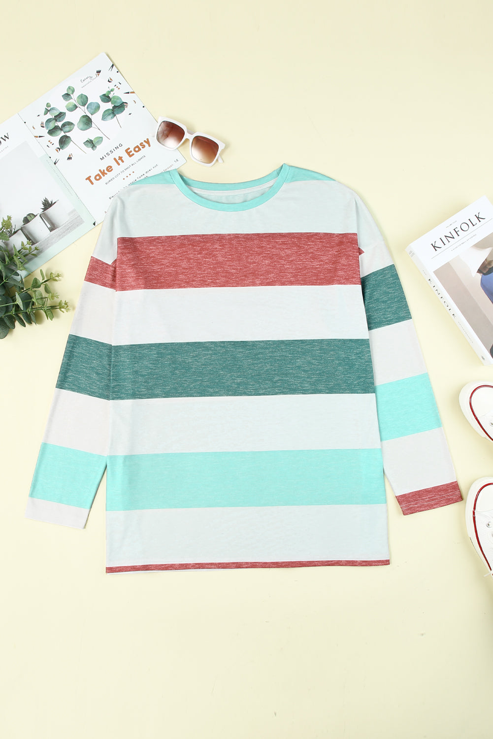 Green Stripe Plus Size Colorblock Pullover Top