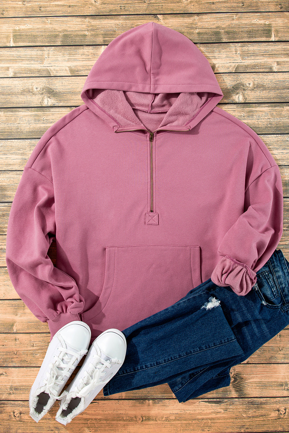 Bonbon Fleece Lined Half Zipper Kangaroo Pockets Loose Hoodie