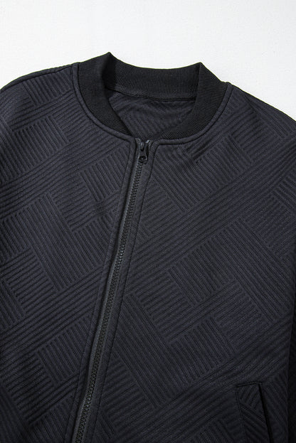 Myosotis Solid Textured Stand Neck Zipper Bomber Jacket