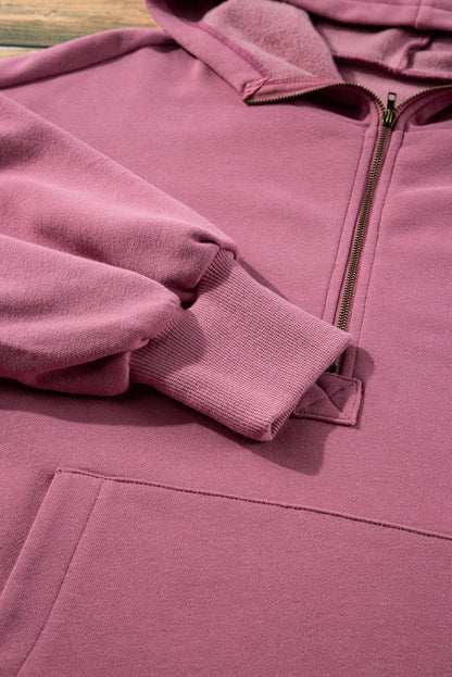 Bonbon Fleece Lined Half Zipper Kangaroo Pockets Loose Hoodie