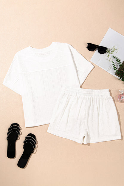 Pale Chestnut Textured Patched Pocket Short Sleeve Top Drawstring Shorts Set