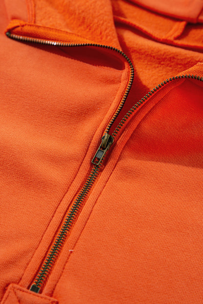 Bonbon Fleece Lined Half Zipper Kangaroo Pockets Loose Hoodie