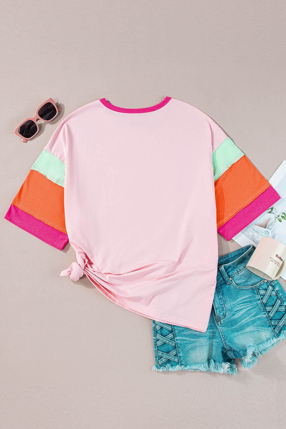 Pink Color Block Half Sleeve O Neck Plus Size T Shirt