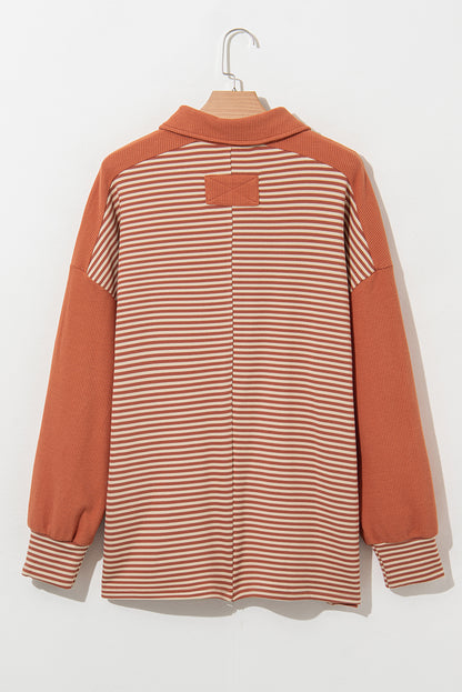 Red Stripe Textured Patched Drop Shoulder Buttoned Plus Size Sweatshirt