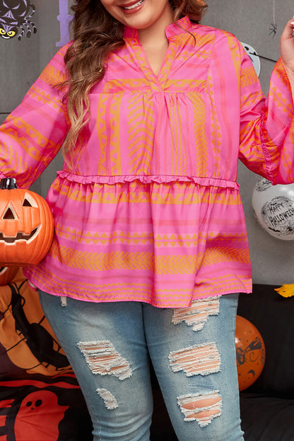 Vitality Orange Plus Size Geometric Printed Bell Sleeve Babydoll Blouse