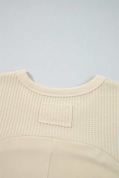 Beige Thermal Knit Patchwork Exposed Seam Long Sleeve Top