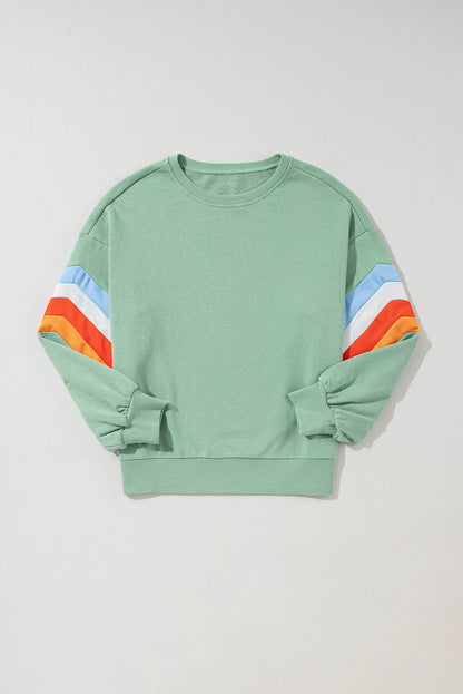 Flamingo Rainbow Striped Sleeve Crew Neck Loose Sweatshirt
