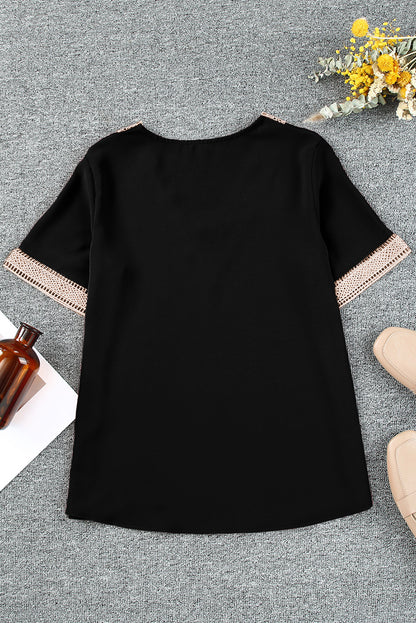 Black Lace Trim Short Sleeve V Neck Plus Size Top