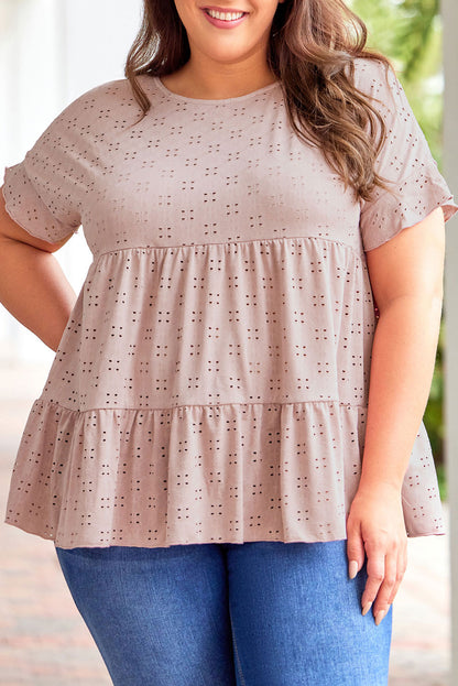 Pink Plus Size Eyelet Pattern Ruffle Sleeve Babydoll Top