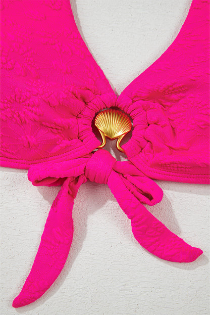 Rose Red Gold Shell Decor Wire-free Knotted 2pcs Bikini Swimsuit