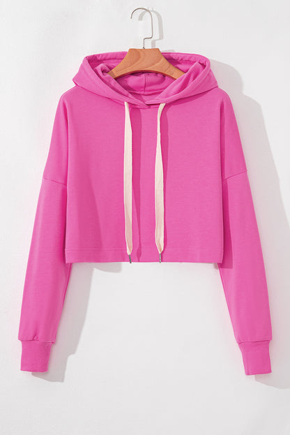 Black Solid Drop Shoulder Drawstring Cropped Hoodie