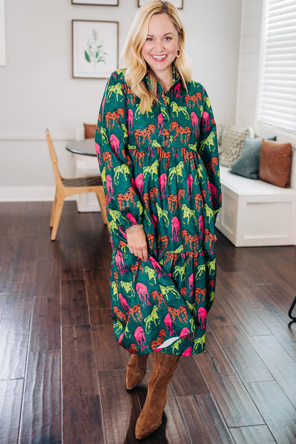 Green Horse Printed Long Sleeve Collared Buttoned Plus Size Midi Dress