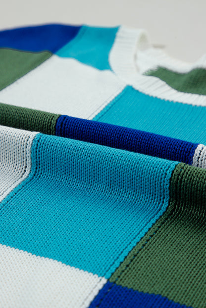 Dark Green Color Block Cap Sleeve Sweater