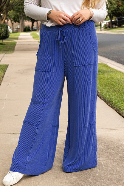 Sky Blue Corded Drawstring High Waist Pocket Plus Size Wide Leg Pants