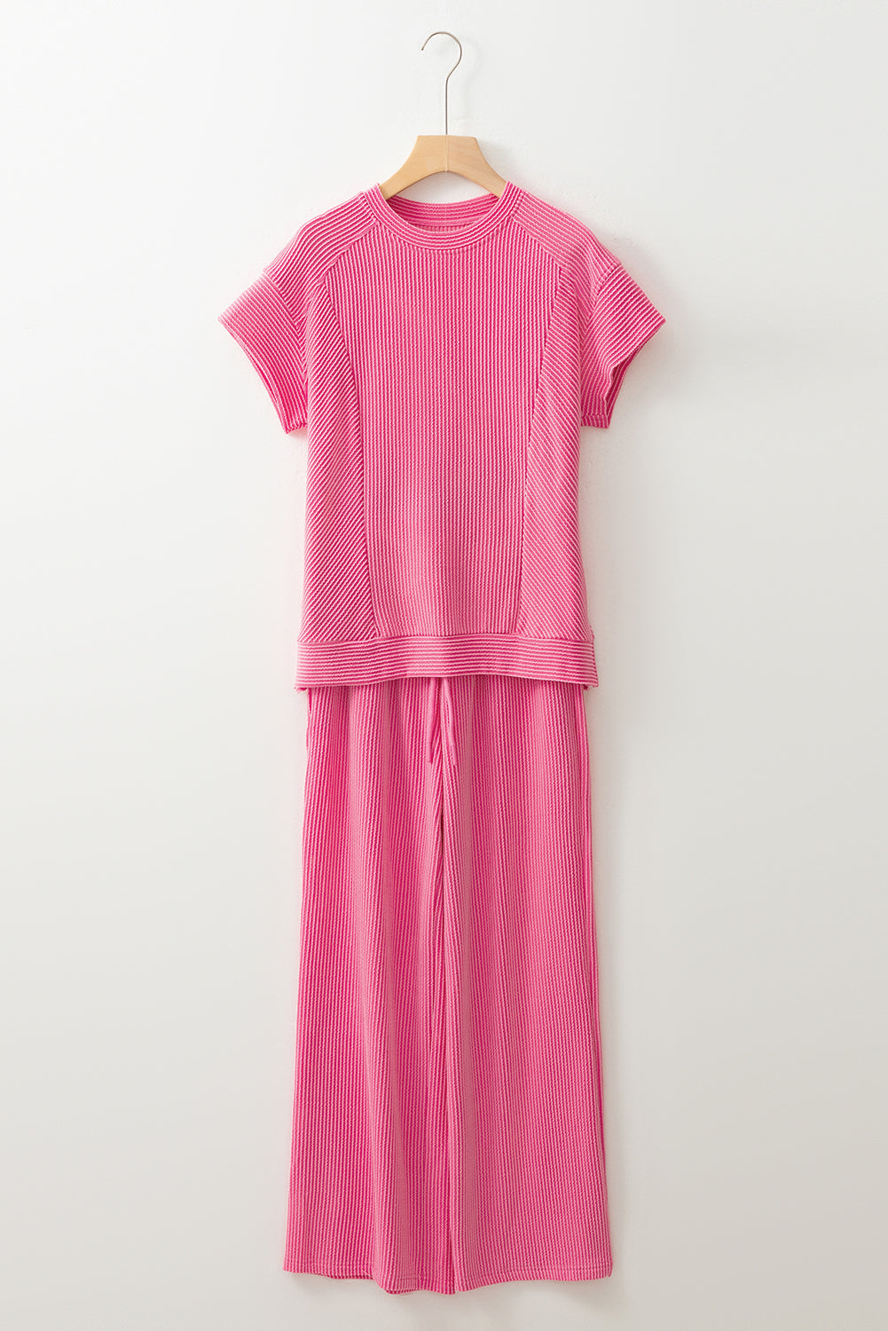 Wild Wind Solid Corded Knit Short Sleeve T Shirt and Wide Leg Pants Set