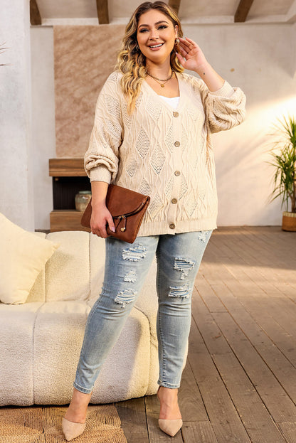 Apricot Plus Size Knitted Hollow Out Button Up Cardigan