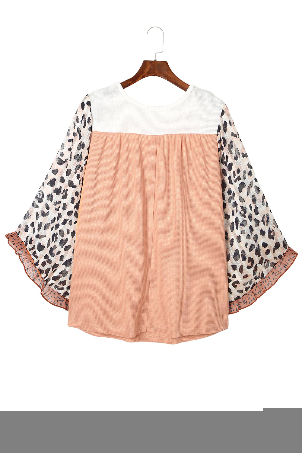 Khaki Printed Plus Ruffle Leopard Sleeve Waffled Color Block Top