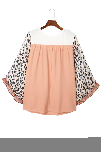 Khaki Printed Plus Ruffle Leopard Sleeve Waffled Color Block Top