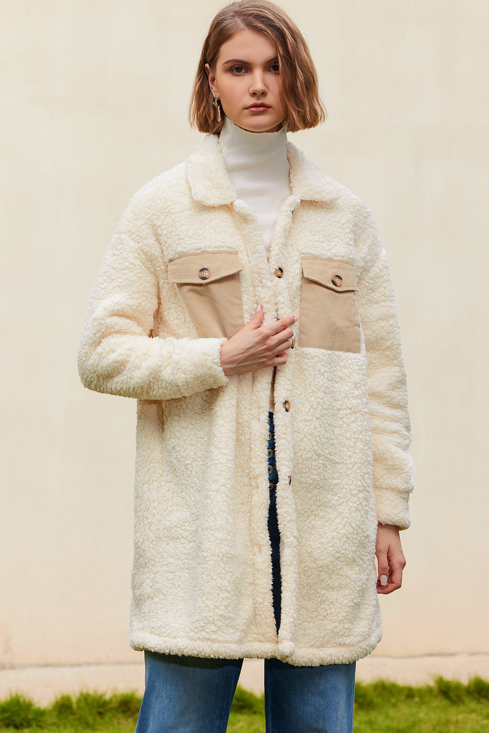 Khaki Contrast Flap Pocket Single Breasted Teddy Coat