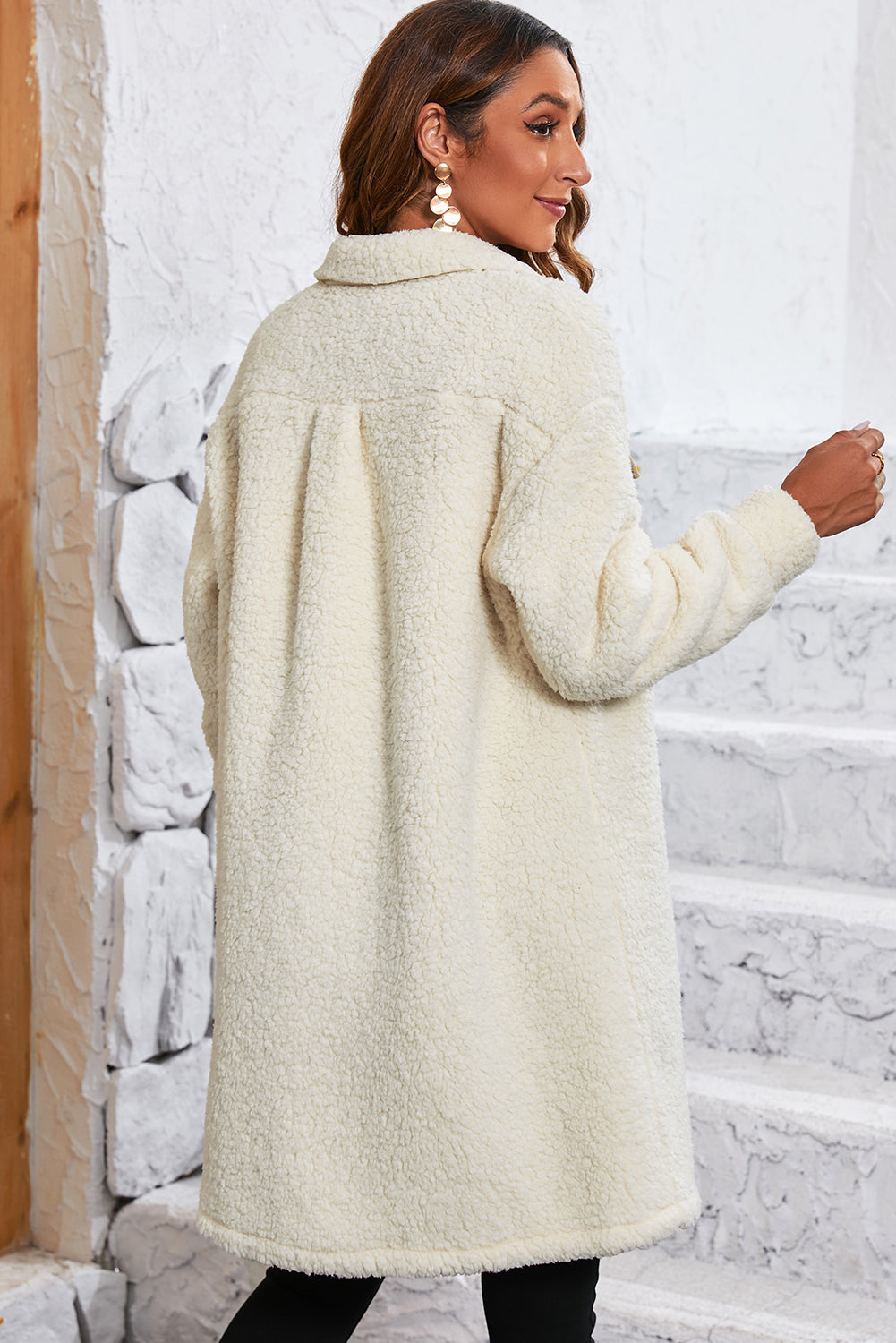 Khaki Contrast Flap Pocket Single Breasted Teddy Coat