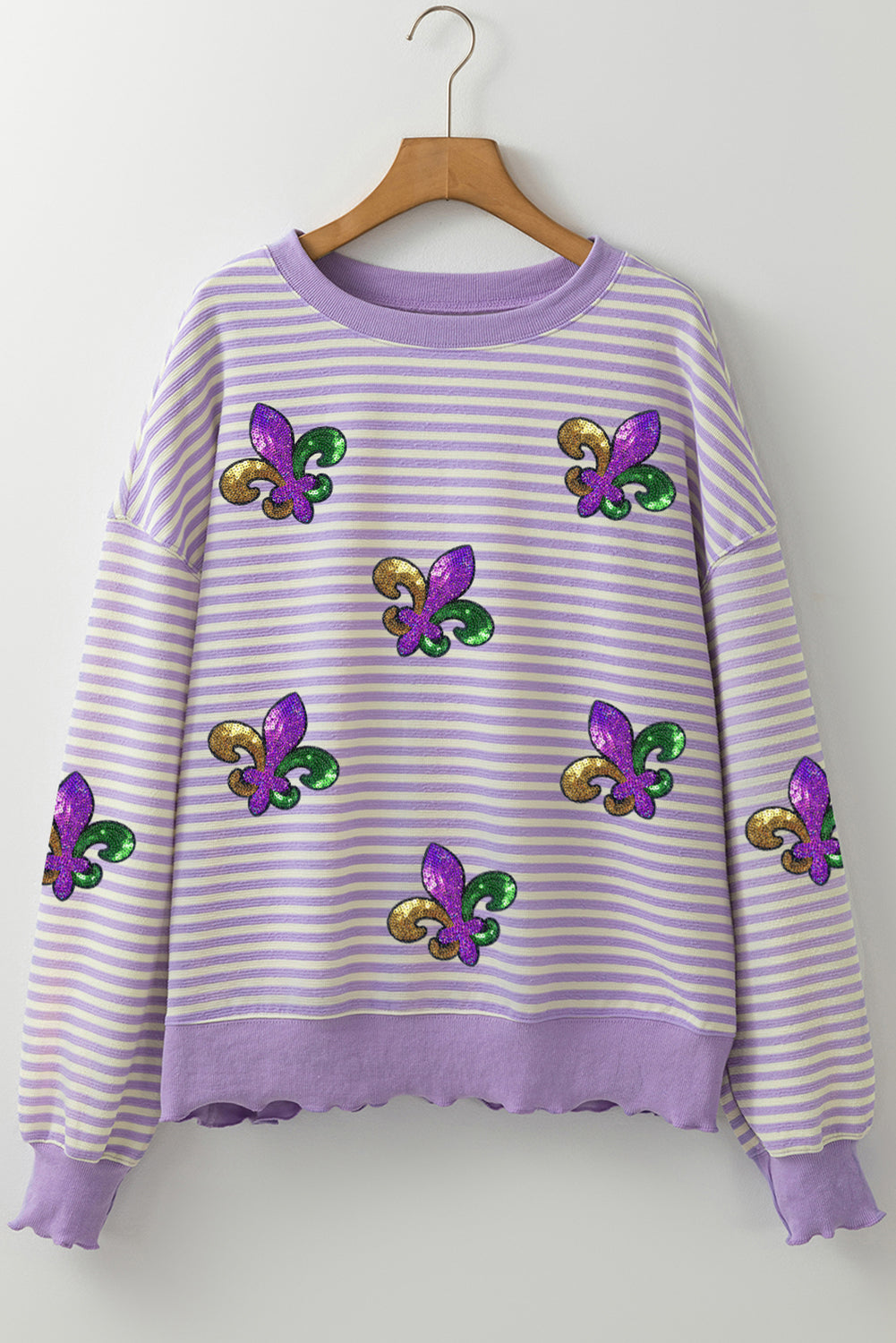 Purple Stripe Sequin Fleur De Lis Patched Drop Shoulder Long Sleeve Top