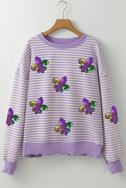 Purple Stripe Sequin Fleur De Lis Patched Drop Shoulder Long Sleeve Top