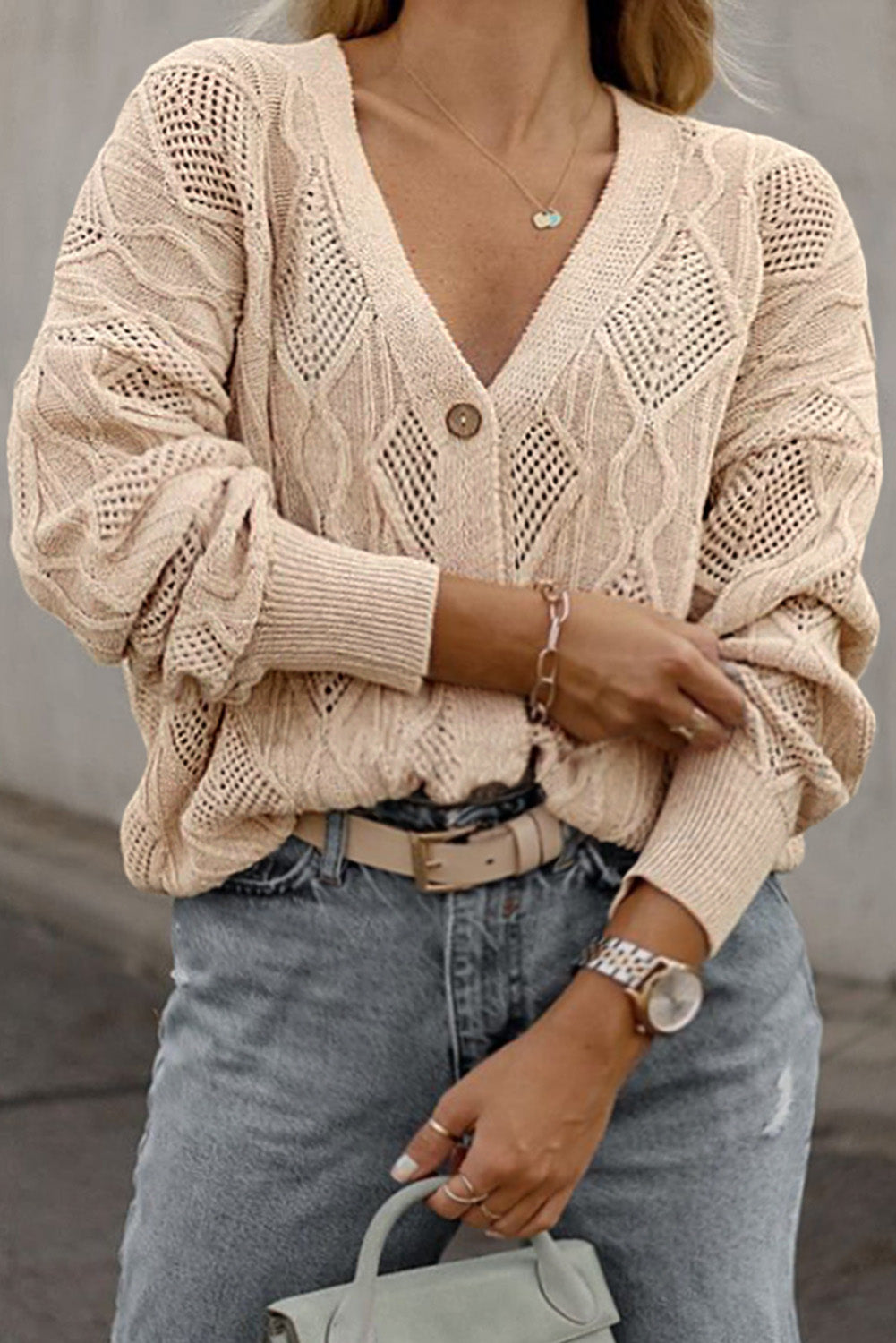 Apricot Plus Size Knitted Hollow Out Button Up Cardigan