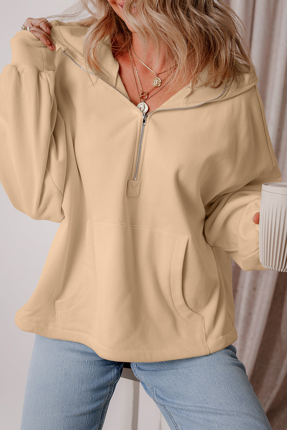 Bonbon Fleece Lined Half Zipper Kangaroo Pockets Loose Hoodie