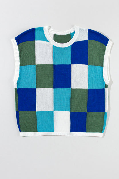 Dark Green Color Block Cap Sleeve Sweater
