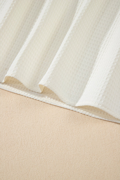 White Solid Color Ruffle Trim Waffle Knit Blouse