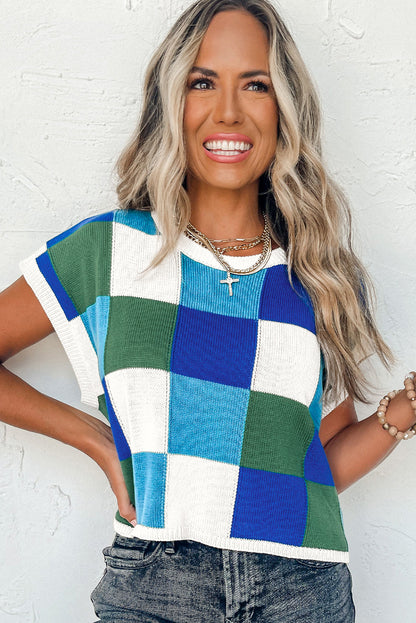 Dark Green Color Block Cap Sleeve Sweater