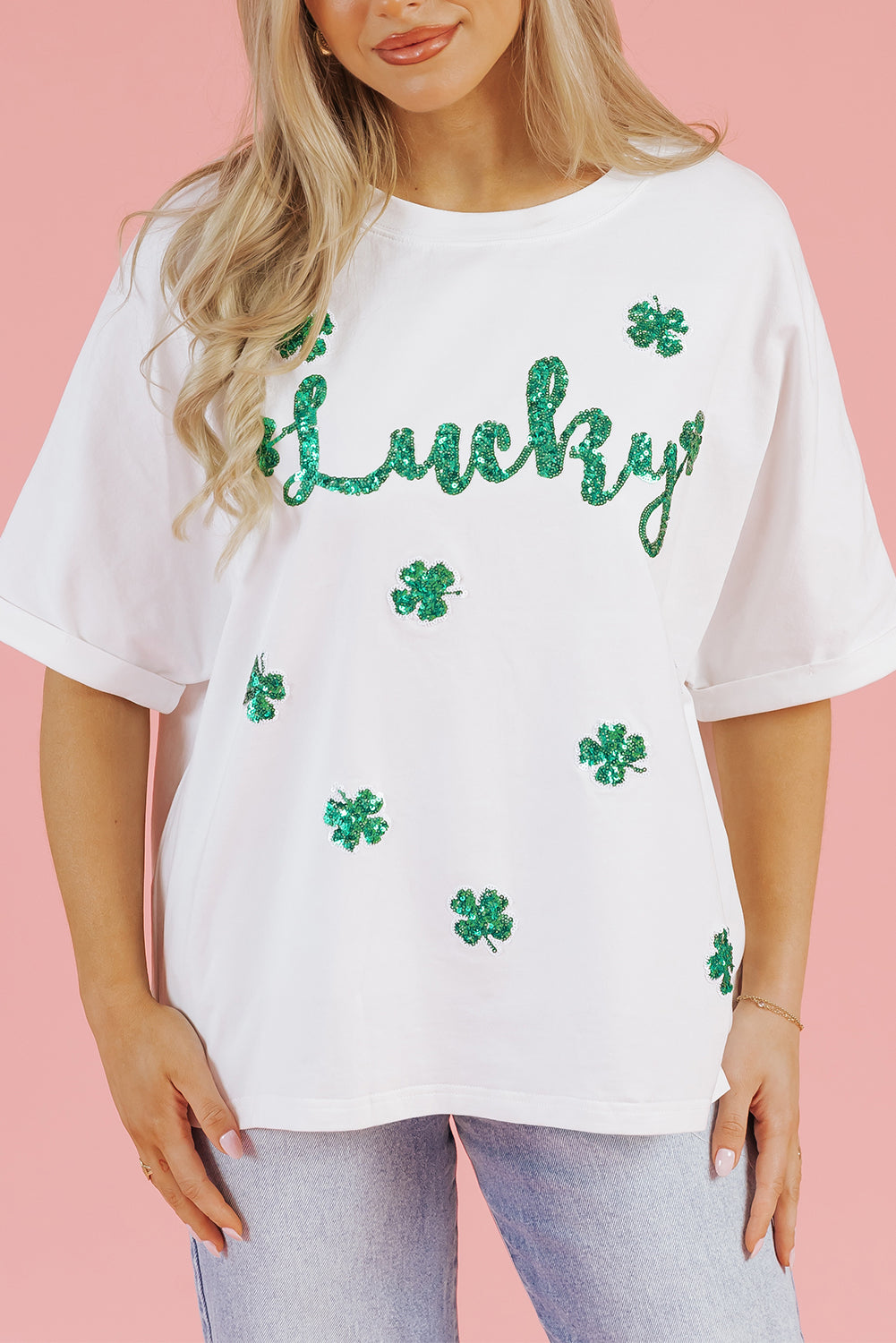 White St Patrick Lucky Clover Sequin Graphic T Shirt