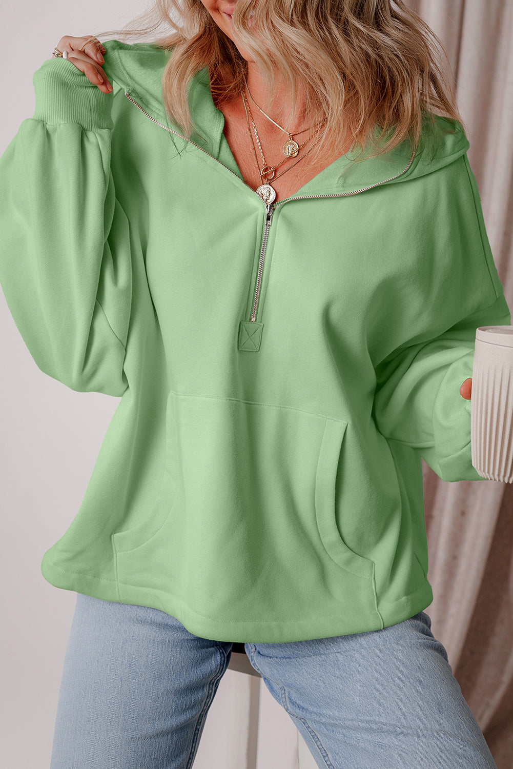 Bonbon Fleece Lined Half Zipper Kangaroo Pockets Loose Hoodie