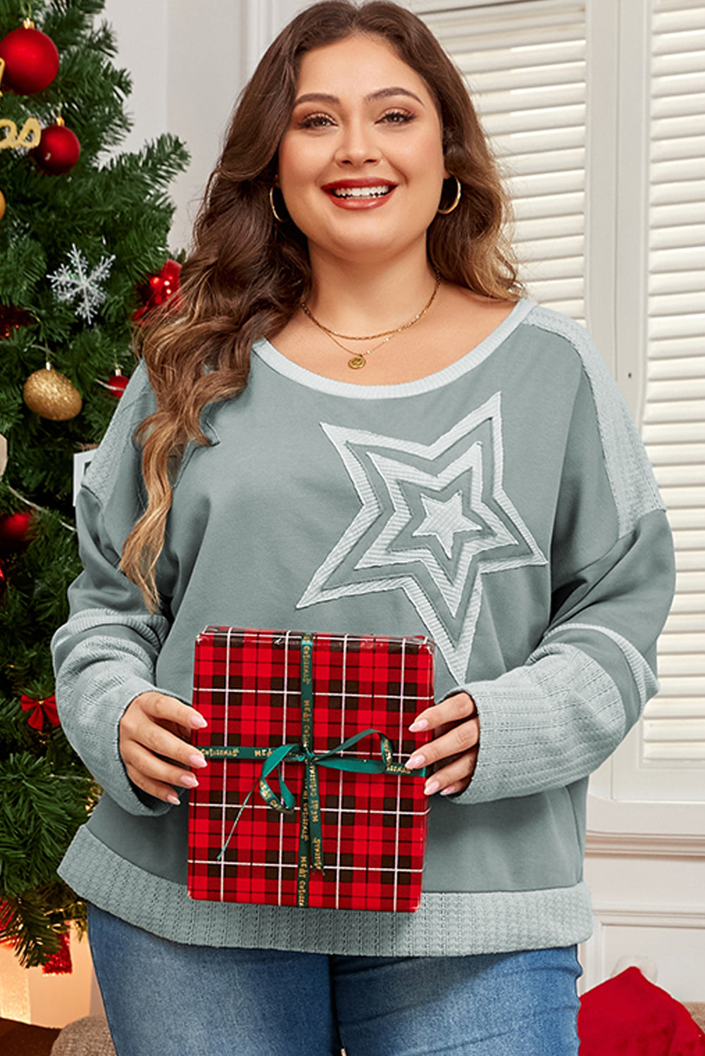 Mist Green Stars Patchwork Round Neck Plus Size T Shirt