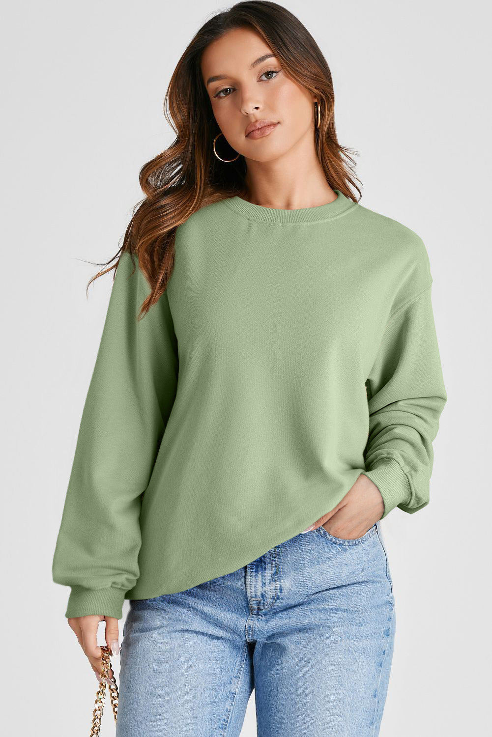 Navy Blue Plain Drop Shoulder Crewneck Pullover Sweatshirt