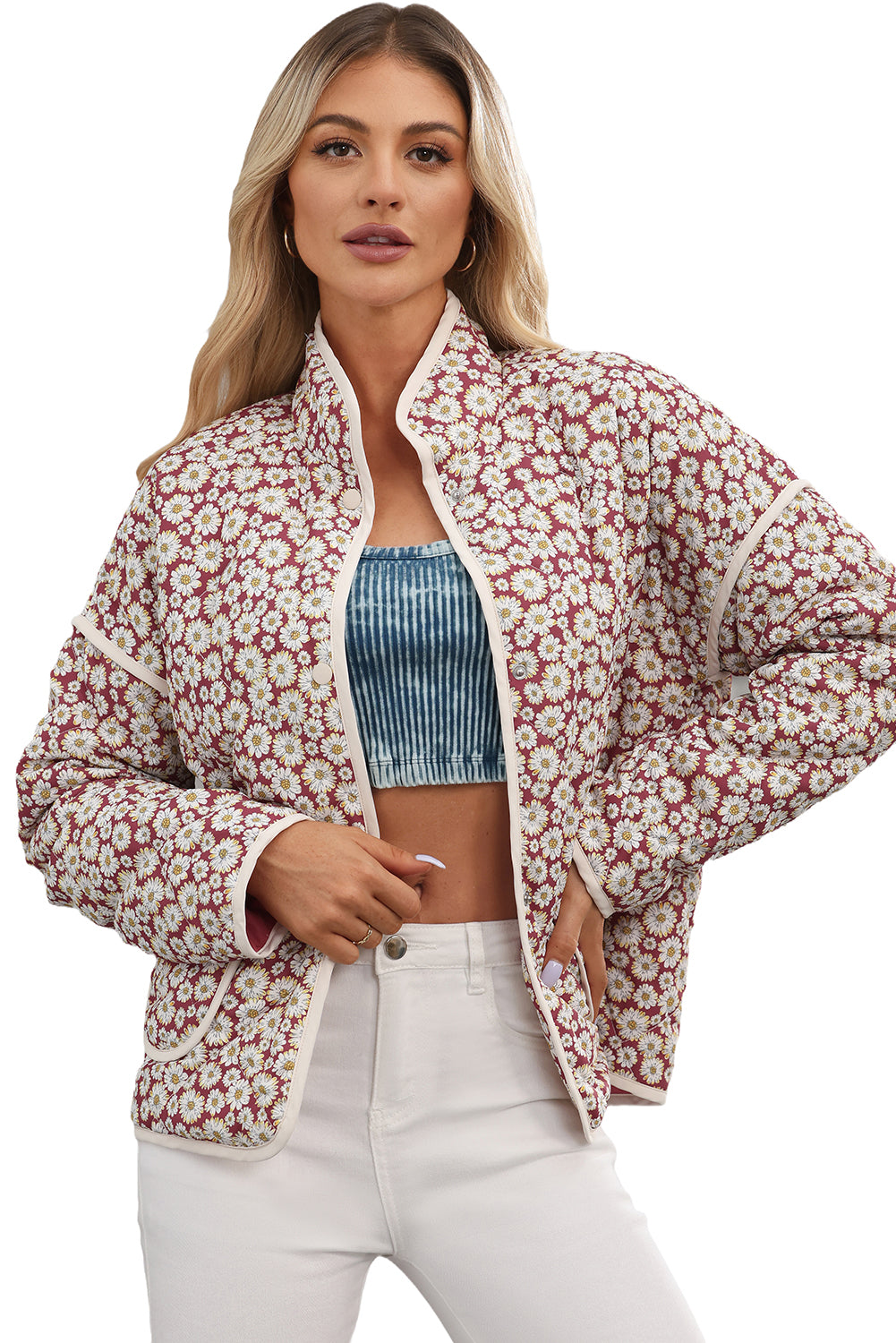 Pink Floral Print Contrast Edge Pocketed Stand Neck Jacket