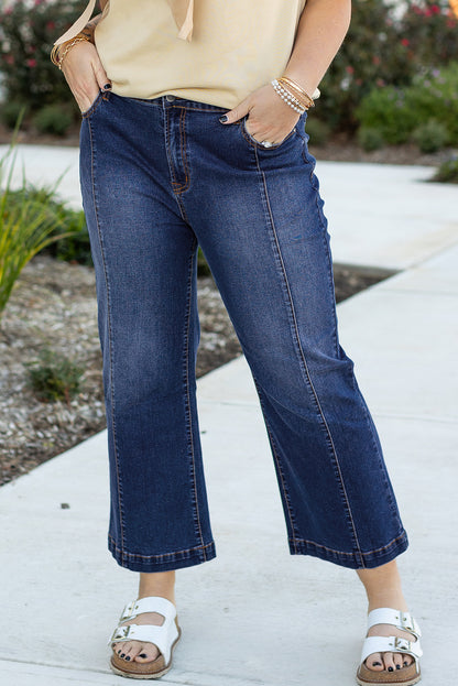 Navy Blue Plus Size Seamed Wide Leg High Waist Jeans